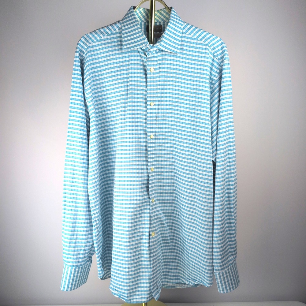 Thomas Dean Mens XL Button Down Cotton Shirtmaker's Cloth Turquoise Gingham